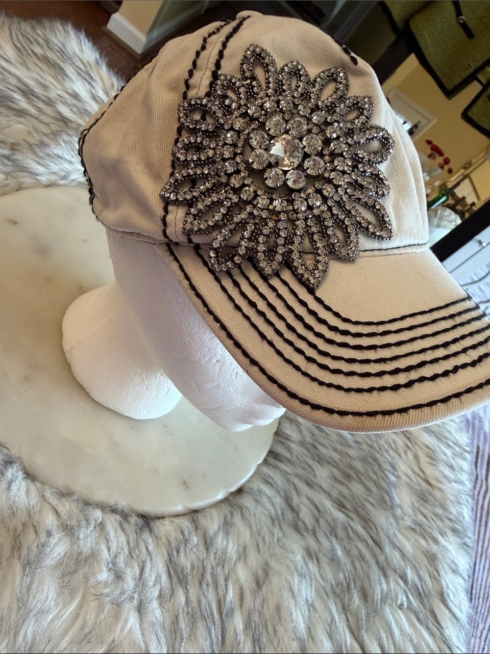 OLIVE & PIQUE Embellished Crystal Flower Baseball Cap - White